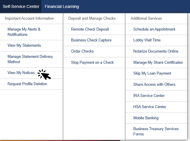 Online Banking - View My Notices Click