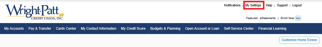 My Settings - Online Banking Screenshot My Settings - Online Banking Screenshot