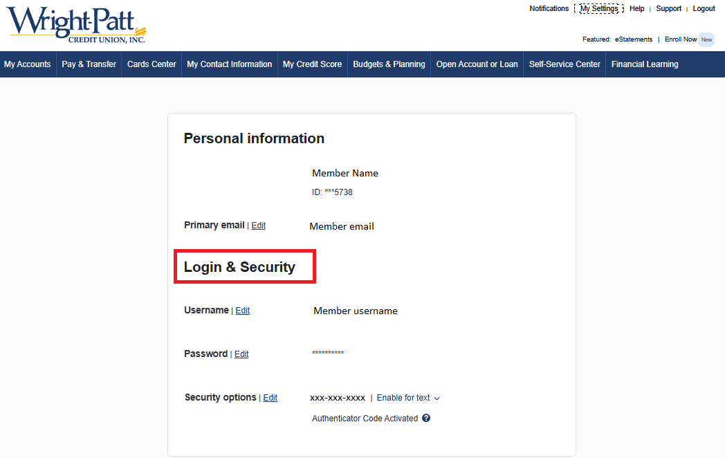 Login and Security - Online Banking Screenshot Login and Security - Online Banking Screenshot