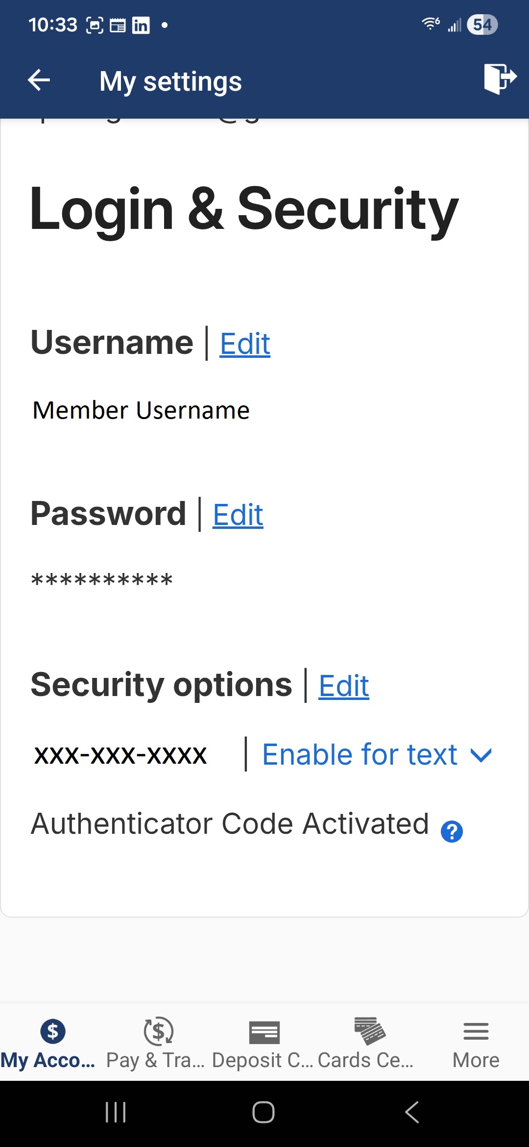 Login and Security - Mobile Banking Screenshot Login and Security - Mobile Banking Screenshot