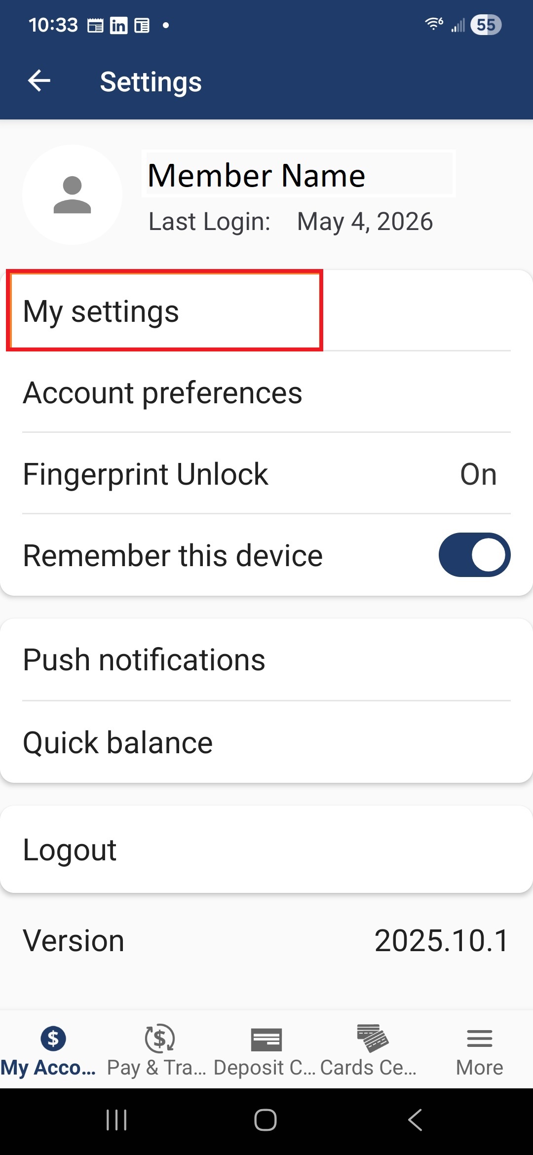 My Settings - Mobile Banking Screenshot My Settings - Mobile Banking Screenshot
