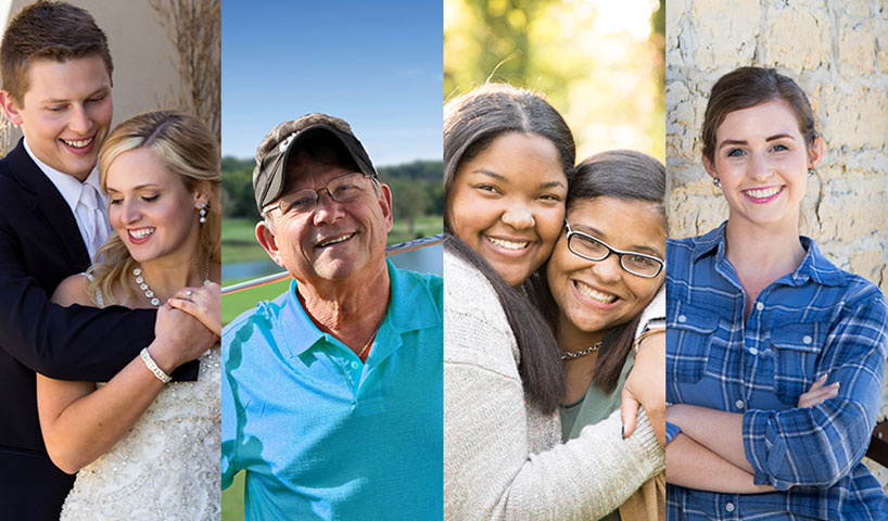 Photo montage of young married couple, retired man, mother and daughter, and young female