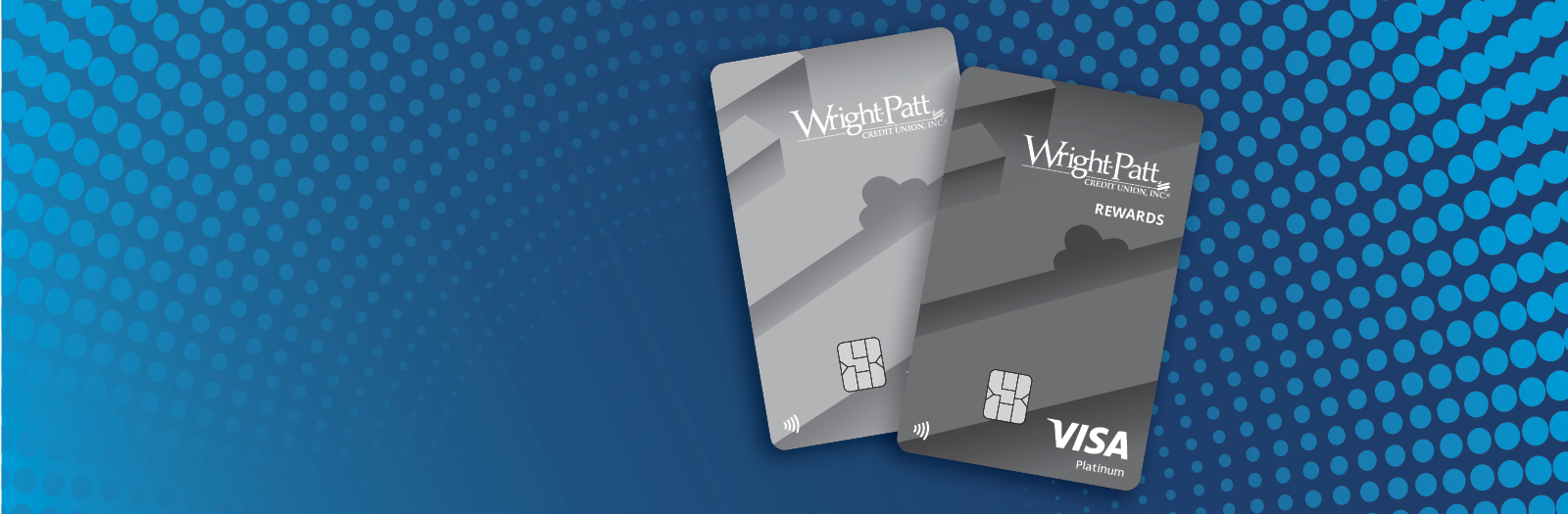 Blue gradient and dotted background with WPCU Credit Card images