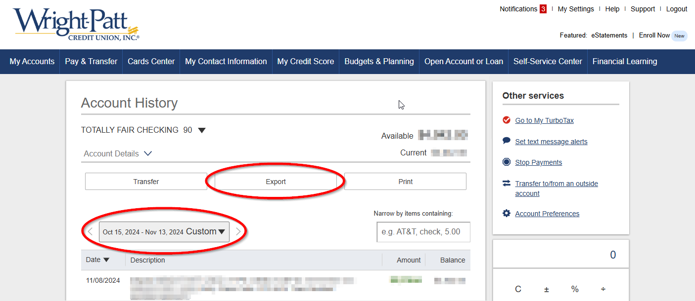 screenshot of accessing the export feature in Online Banking